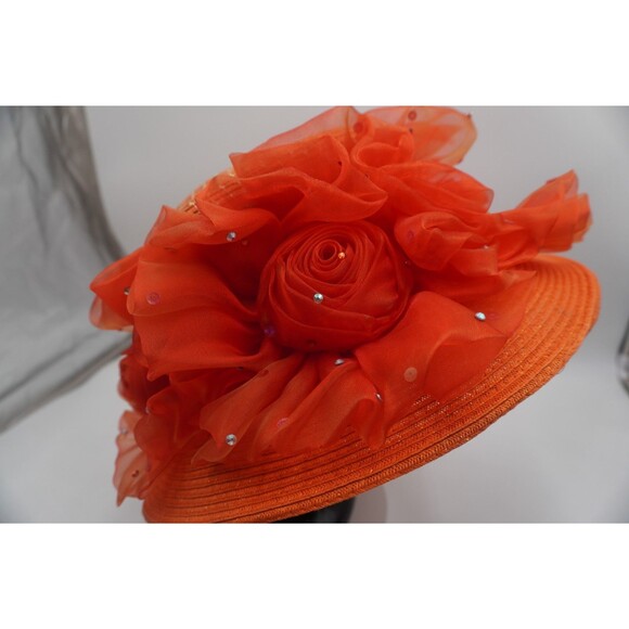 Whittall & Shon Designer Hat Orange Floral & Sequin Church Derby Tea party